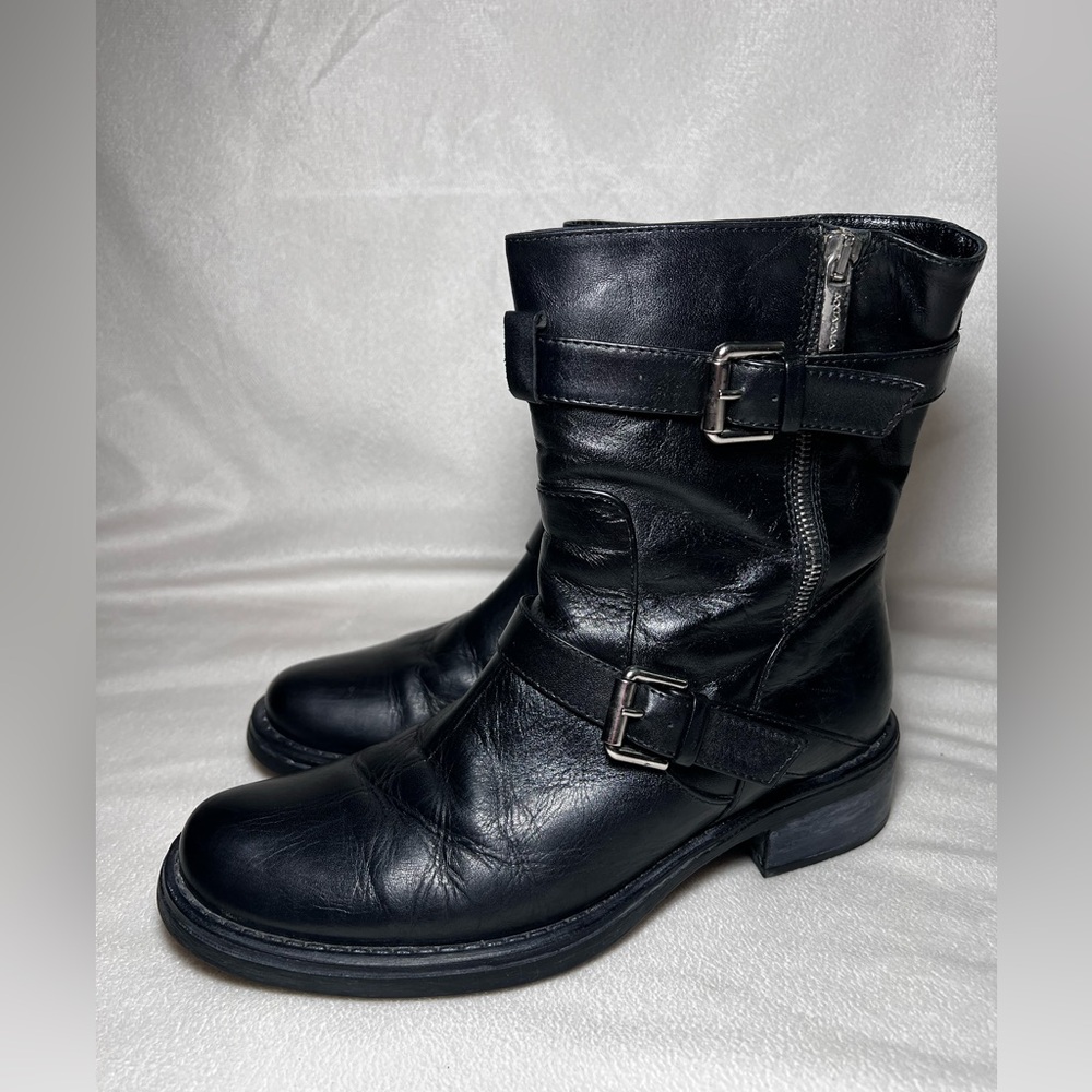 Aquatalia Women’s Short Moto Leather Boots Black Eur 38/ US 8 Straps Buckles